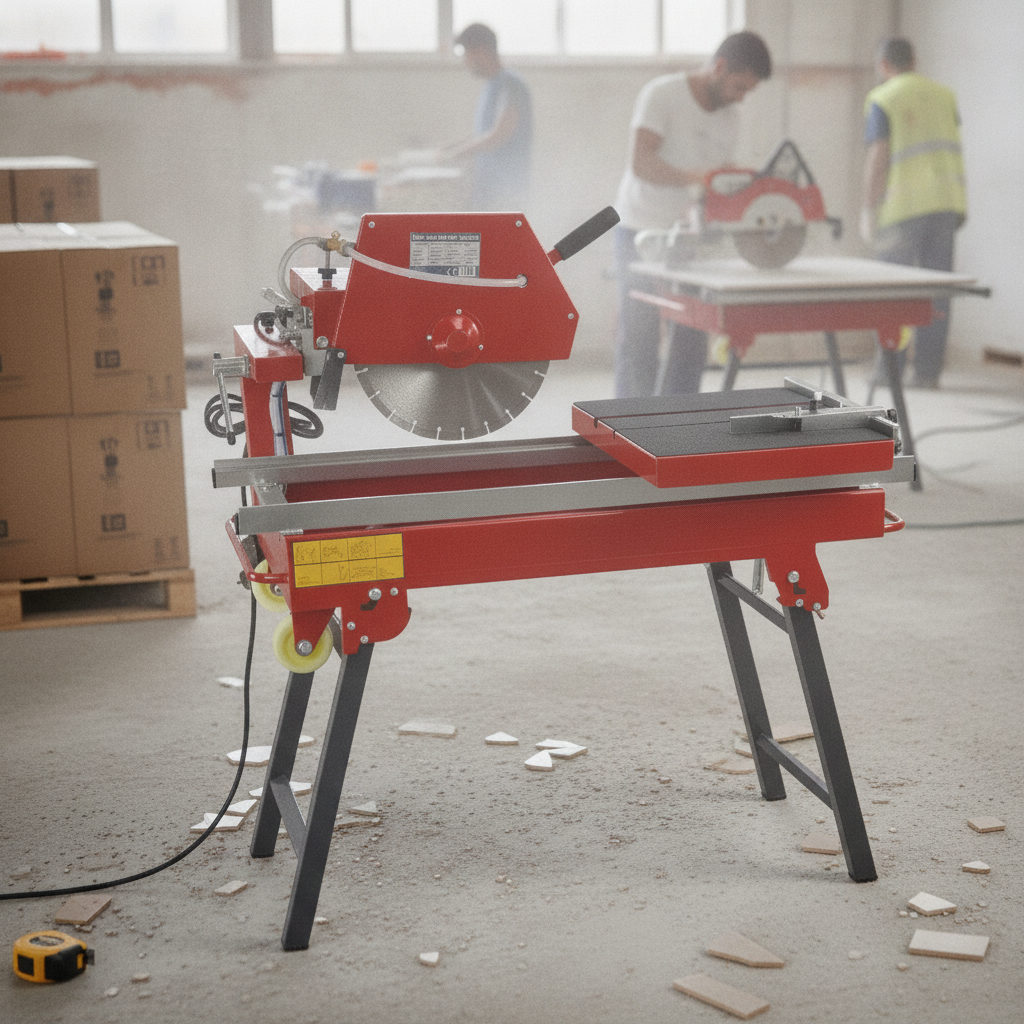 2026071003016807png pricemagicghcom Red tile saw on a stand in a dusty workshop with cardboard boxes and workers in the background