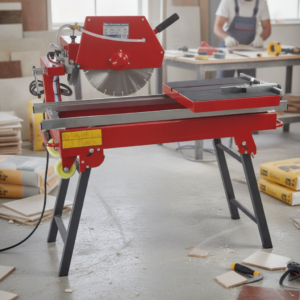 Red woodworking table saw in a workshop with a worker in the background. Heavy machinery and lumber nearby suggest carpentry work.