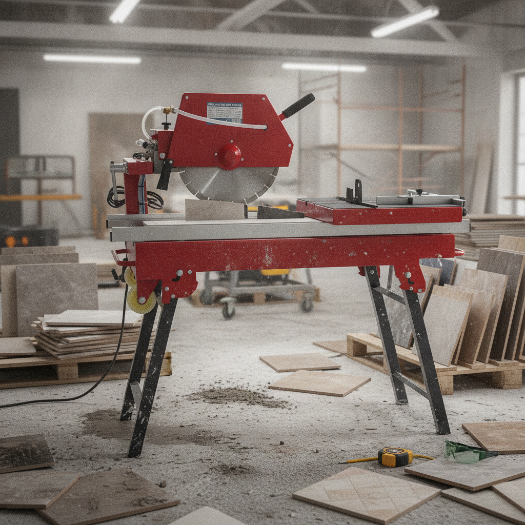 2026071003016810png pricemagicghcom Red tile saw on a stand in a dusty workshop cutting tiles with debris on the floor