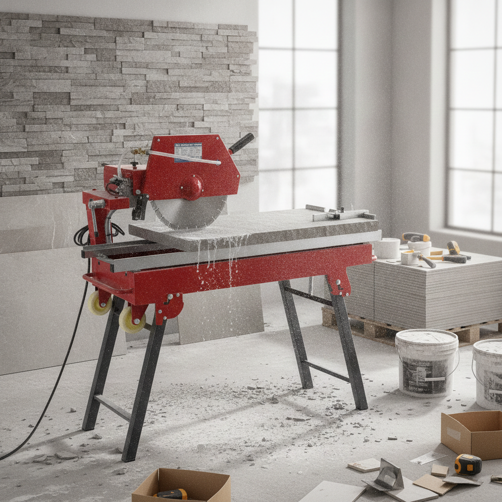 2026071003016848png pricemagicghcom Red miter saw on a stand in a bright workshop cutting tile boards with dust scattered on the floor