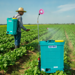 Farmer wearing a straw hat sprays crops with a blue backpack sprayer in a sunny field of green plants.