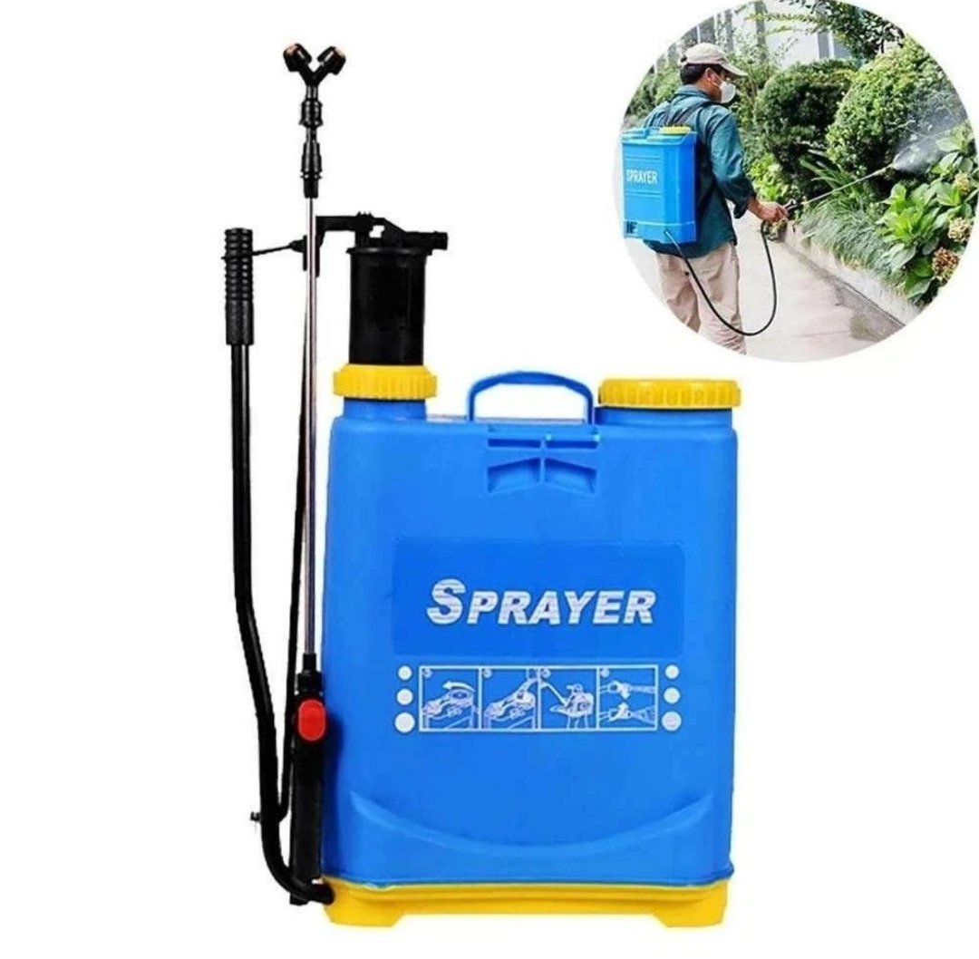2026071003016890jpg pricemagicghcom Blue portable garden sprayer with yellow caps long spray wand and hose inset shows a person spraying a garden edge