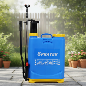 Blue backpack garden sprayer with yellow lids and a spray wand, ready for lawn care on a patio yard backdrop.