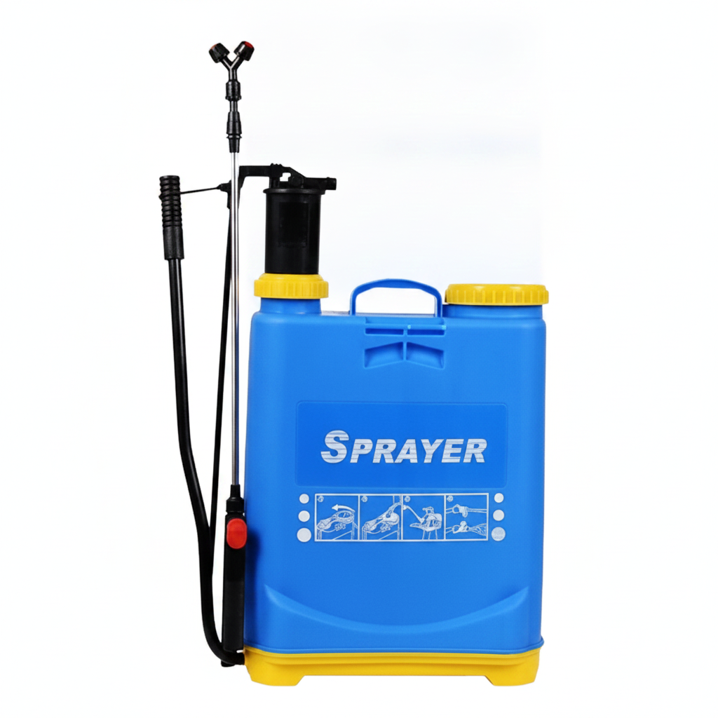 2026071003016957png pricemagicghcom Blue garden sprayer with yellow caps and a long spray wand ready for liquid application outdoors