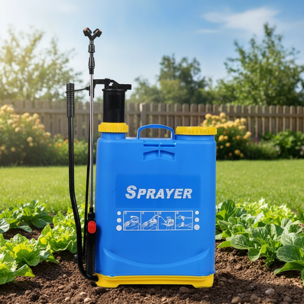 2026071003016958png pricemagicghcom Blue backpack sprayer with yellow lids standing on garden soil among leafy plants ready for spraying