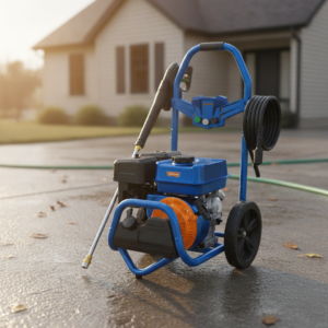 Blue portable pressure washer on a wet driveway with a hose reel and spray wand, ready to use in front of a house.