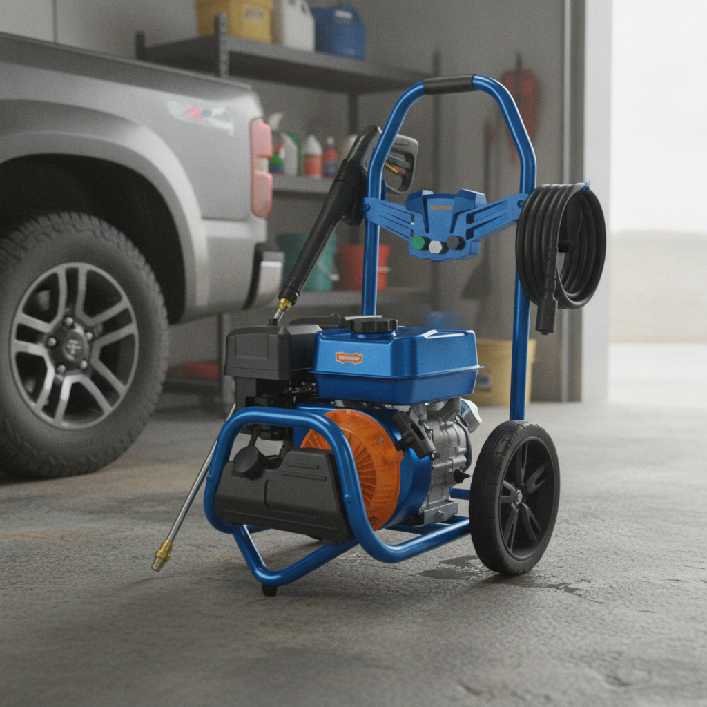 2026071003030314png pricemagicghcom Portable gas powered pressure washer on a blue frame in a garage with a truck in the background and shelves behind it