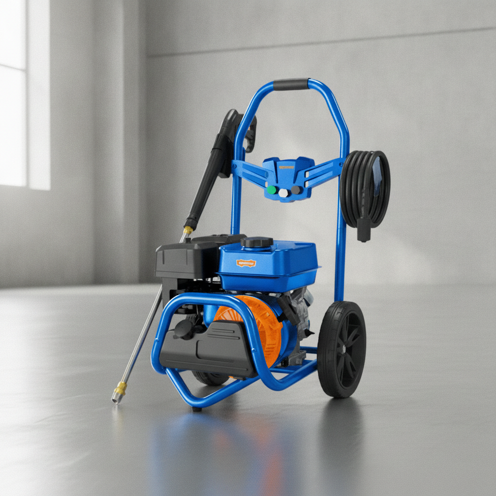 2026071003030315png pricemagicghcom Blue portable pressure washer on wheels with a hose reel and spray wand in a concrete workshop setting ready for cleaning tasks