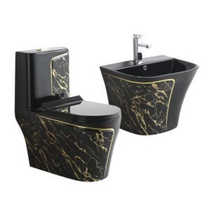 2026071003030356jpg pricemagicghcom Black toilet and bidet with gold marble pattern matching bathroom fixtures set