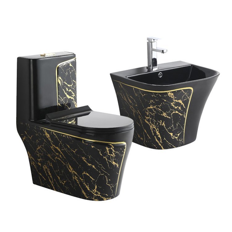 2026071003030356jpg pricemagicghcom Black toilet and bidet with gold marble pattern matching bathroom fixtures set
