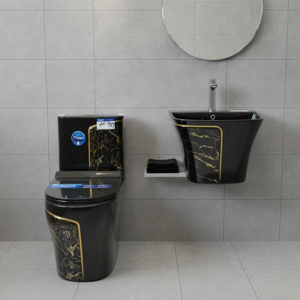 2026071003031192png pricemagicghcom Modern black bathroom fixtures with gold marble accents a wall mounted sink on the right and a matching toilet on the left against gray tiled walls