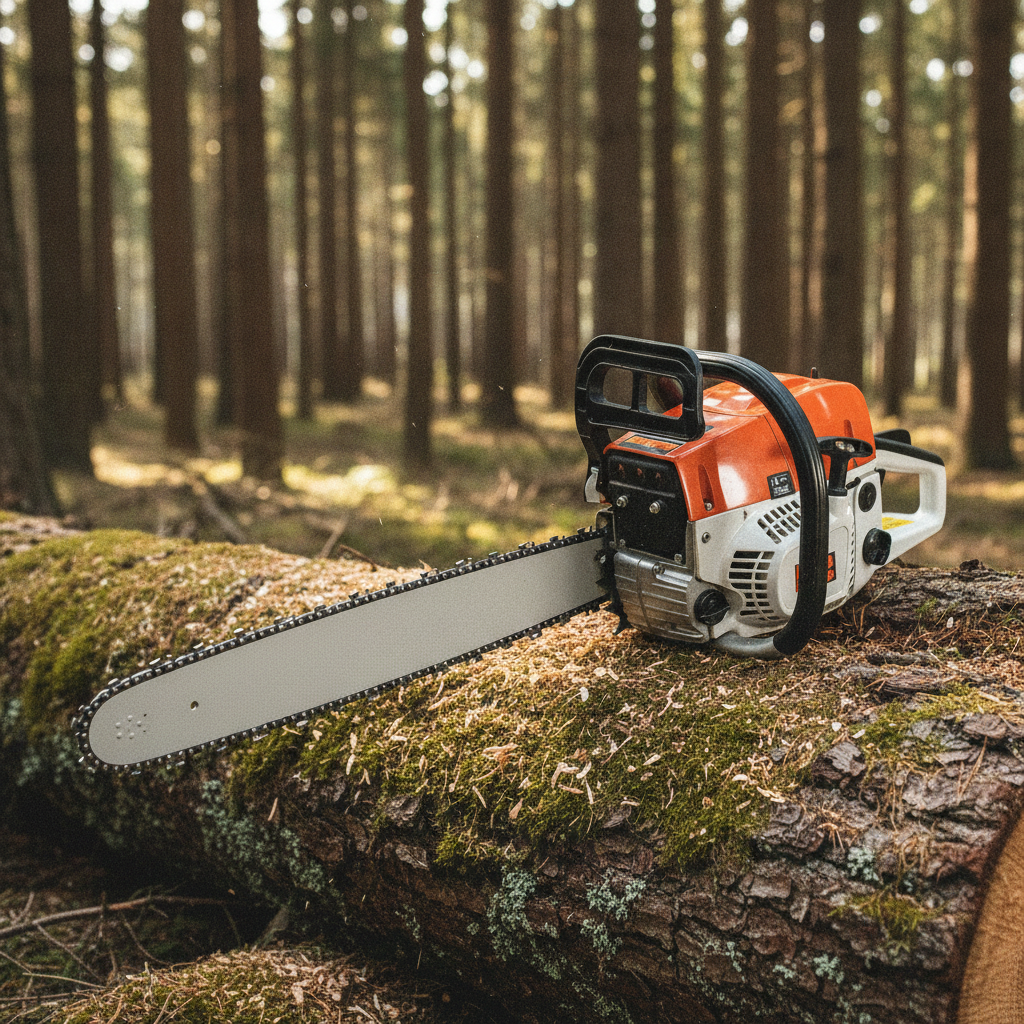 2026071003042692png pricemagicghcom Chainsaw resting on a mossy log in a sunlit forest trail scene