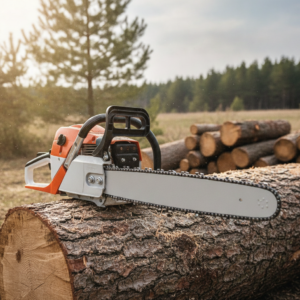 Chainsaw resting on a large log with a stack of cut wood in a forest clearing.