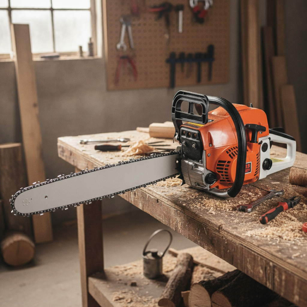 2026071003042694png pricemagicghcom Orange chainsaw resting on a wooden workbench in a cluttered woodshop with tools and wood shavings nearbyunderneath the blade guard visible on the bench edge