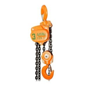 Orange manual chain hoist with a hanging hook and multiple black chains for lifting loads safely on industrial equipment H-3 or 3-ton capacity (critical details shown).