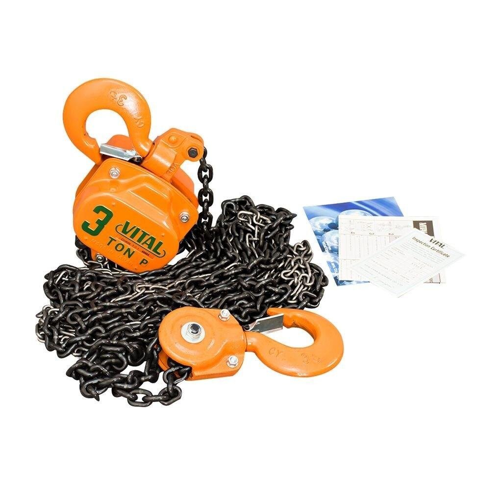 2026071003044425jpg pricemagicghcom Orange 3 ton manual chain hoist with heavy chain and two hooks plus instruction papers nearby