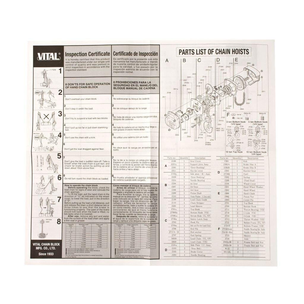 20260710030444281jpg pricemagicghcom Inspection certificate and exploded parts diagram for Vital chain hoists two page technical sheet