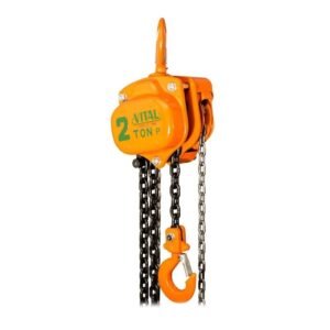 Orange 2-ton chain hoist with hook and hanging chains (industrial lifting equipment).