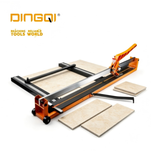 Tile cutter with orange frame cutting a large ceramic tile, with extra tiles nearby and DINGQI logo in the corner.