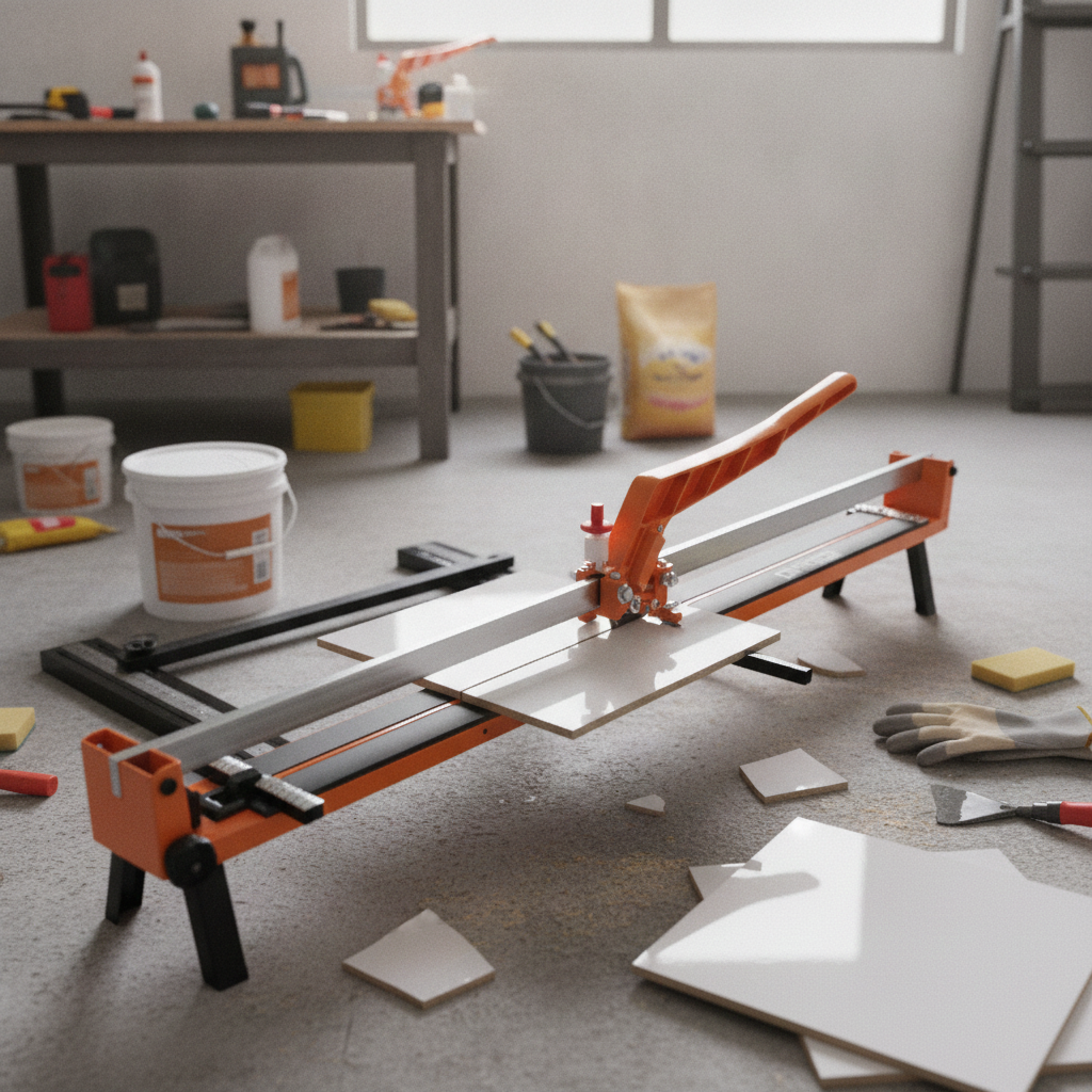 2026071003045142png pricemagicghcom Manual tile cutter on a stand cutting white ceramic tiles in a DIY workshop with tools and supplies nearby in the background