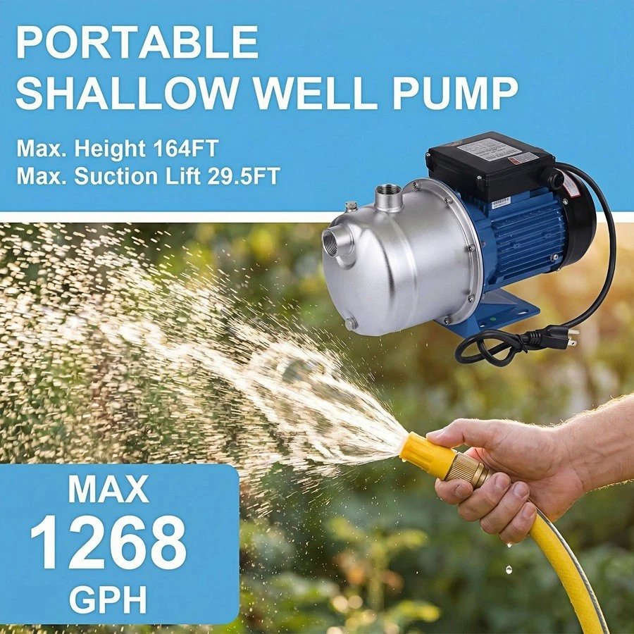 2026071003053524jpg pricemagicghcom Portable shallow well pump with blue motor spraying water from a yellow hose max height 164 ft suction lift 295 ft 1268 GPH