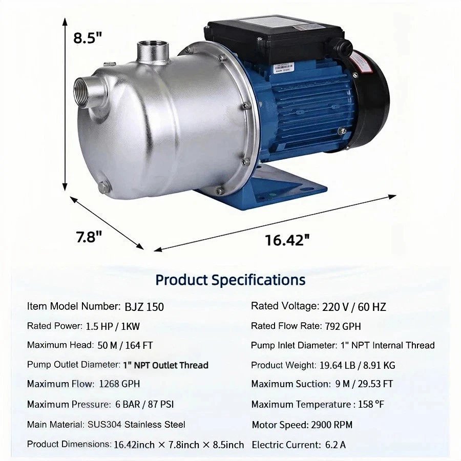 2026071003053528jpg pricemagicghcom Industrial centrifugal pump with blue electric motor overall size 1642 × 78 × 85 with specs shown BJZ 150