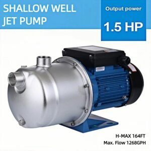 Shallow-well jet pump with a silver head and blue motor mounted on a blue base; label shows 1.5 HP and 1268 GPH max flow