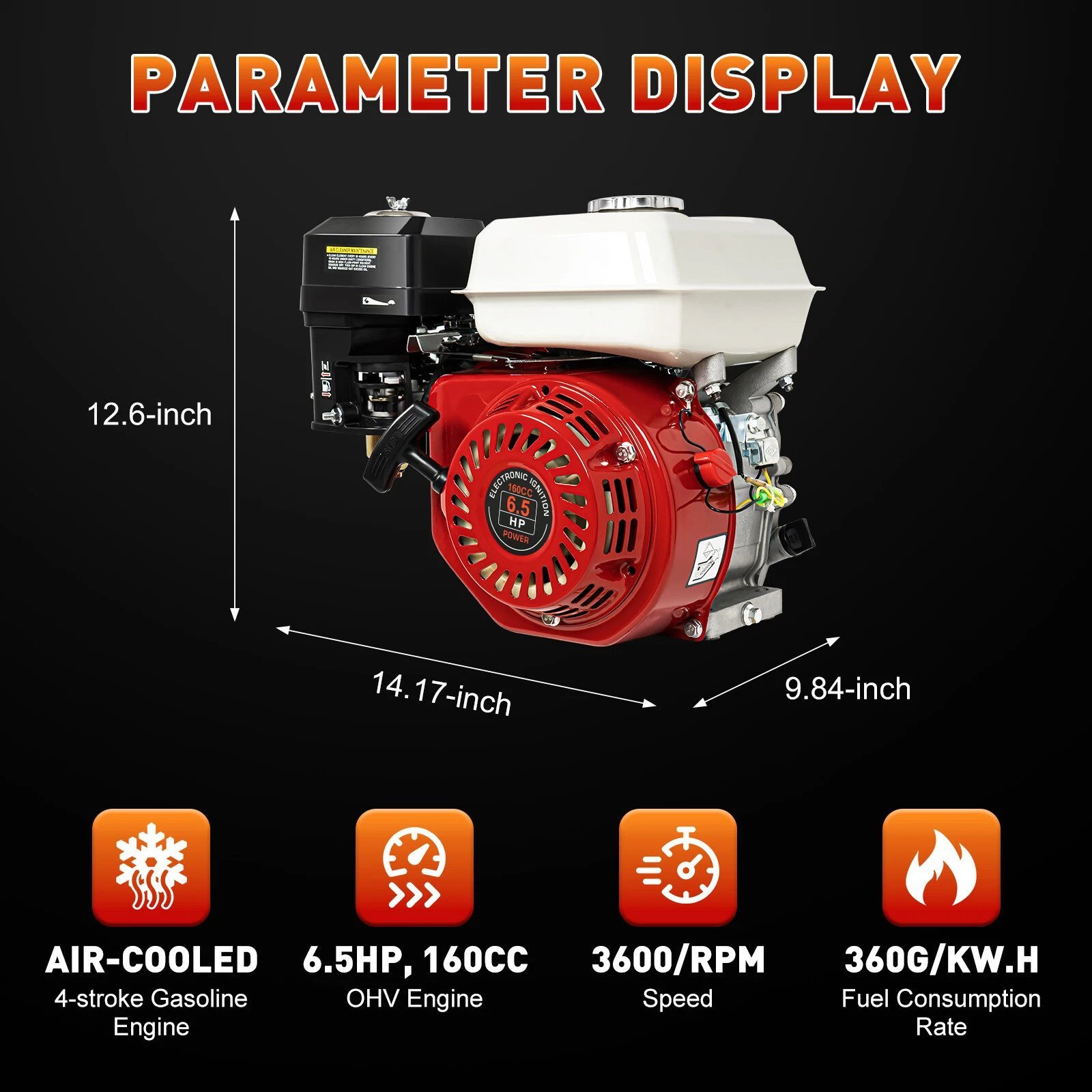 2026071003066298jpg pricemagicghcom Infographic showcasing a gasoline engine with dimensions 126 inch height 1417 inch length 984 inch width title Parameter Display at top and four orange feature icons below