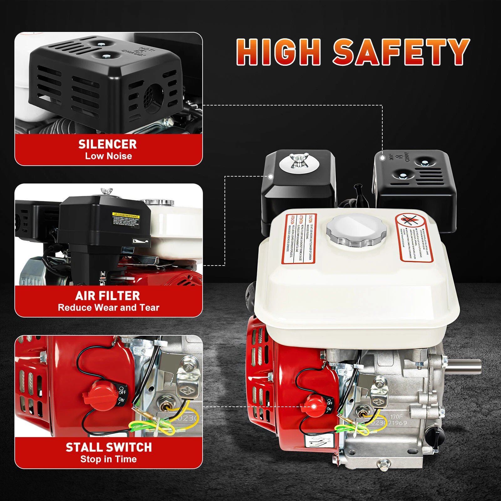 2026071003066314jpg pricemagicghcom Infographic labeled engine safety features Silencer Air Filter and Stall Switch with callouts to the engine components on the right