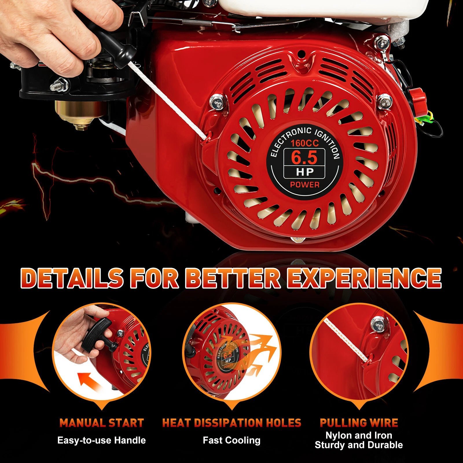 2026071003066331jpg pricemagicghcom Close up of a red gasoline engine with a pull start rope and 65 HP label on the recoil housing
