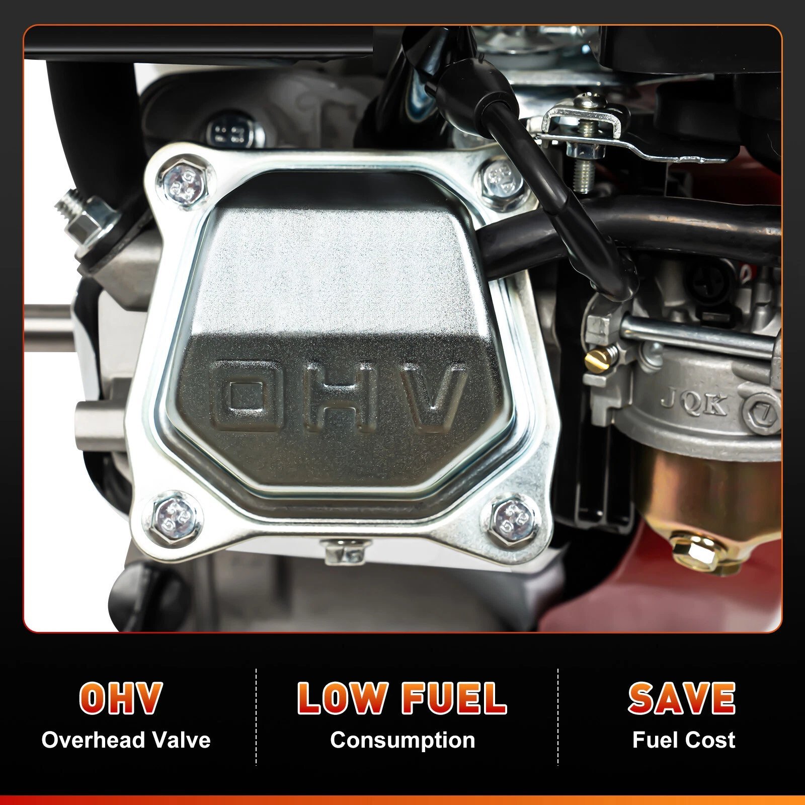 2026071003066335jpg pricemagicghcom Close up of a motorcycle engine with a metallic cover labeled OHV part of an infographic about fuel efficiency and cost savings