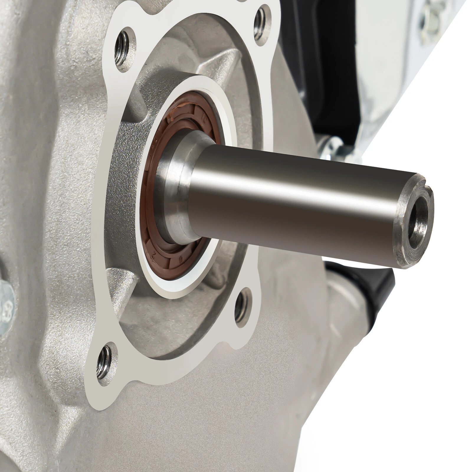 2026071003066340jpg pricemagicghcom Close up of a metallic gearbox housing with a cylindrical output shaft and bearing mounted to a gray flange