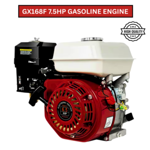 GX168F 7.5HP gasoline engine with red recoil housing and white fuel tank, showing a 'HIGH QUALITY' badge nearby