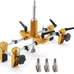 Gold-colored drill guide jig with adjustable clamps and handles for precise drilling, plus three drill bits on the side