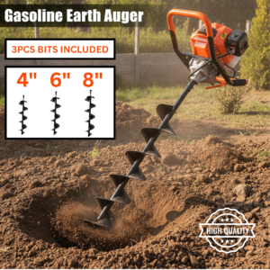 Orange gasoline-powered earth auger on a dirt ground with bold signs: '3PCS BITS INCLUDED' and drill-bit sizes 4", 6", 8"; 'HIGH QUALITY' badge visible.