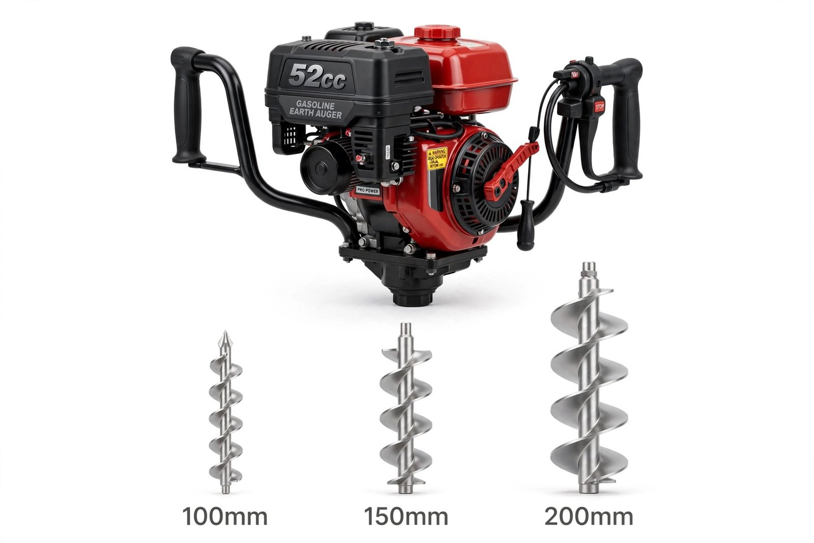 2026071003085846jpg pricemagicghcom Gasoline powered earth auger with red motor and two handles shown with 100 mm 150 mm and 200 mm auger bits beneath it