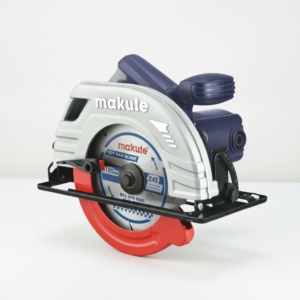 Makita circular saw toy with blue handle and red blade guard on a white surface as a toy tool.