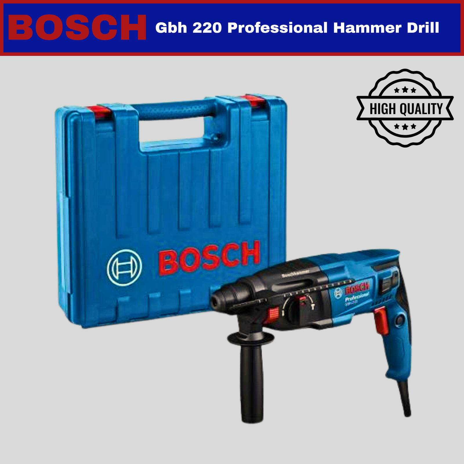 2026101003441082png pricemagicghcom Blue Bosch tool case labeled GBH 220 Professional Hammer Drill with a drill visible in front set against a gray background and a highquality badge on the right