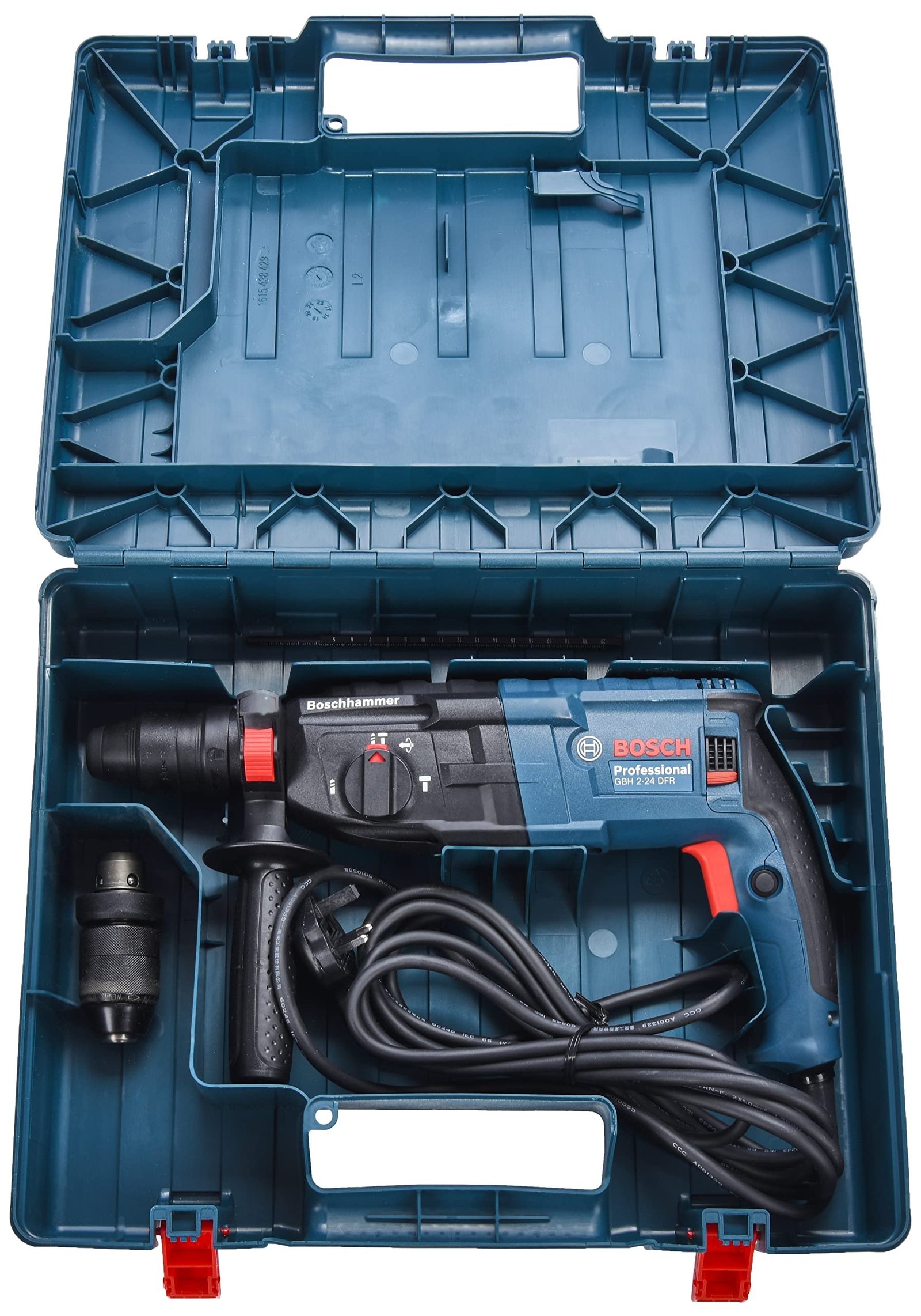 2026101003441207jpg pricemagicghcom Open blue plastic toolbox showing a Bosch Professional drill and power cable inside with red latches visible at the bottom